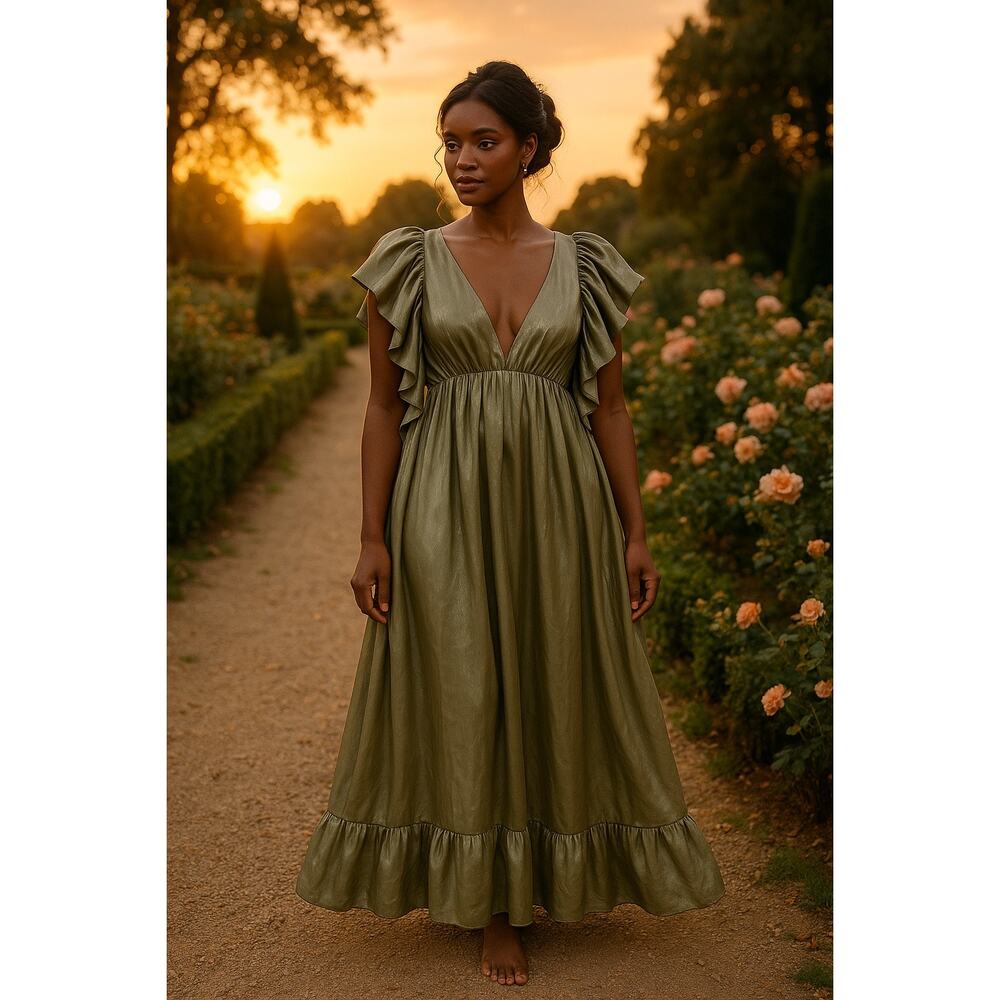 Olive Green Ruffled V-Neck Dress